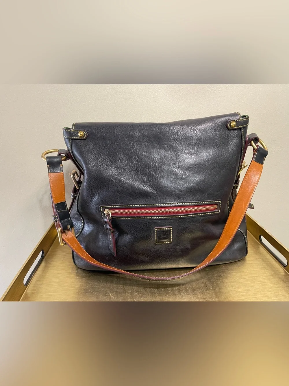 Dooney & Bourke Dark Brown Leather Hobo with Red Zip and Tan Strap